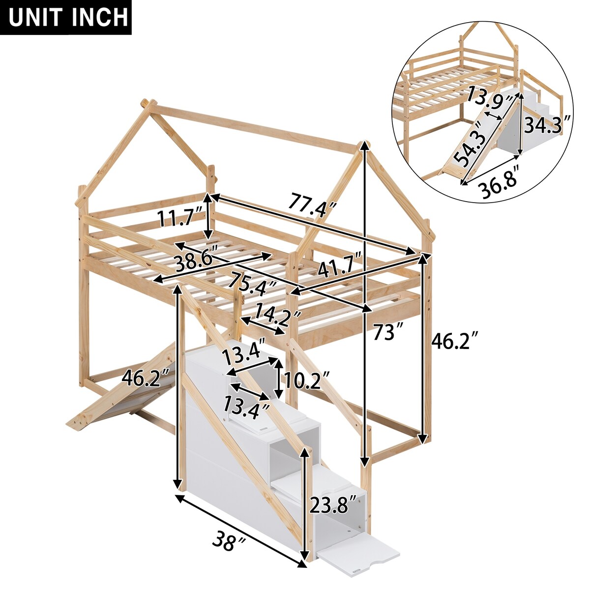 House-shaped Twin over Twin Loft or Bunk Bed with Slide, Storage Staircase