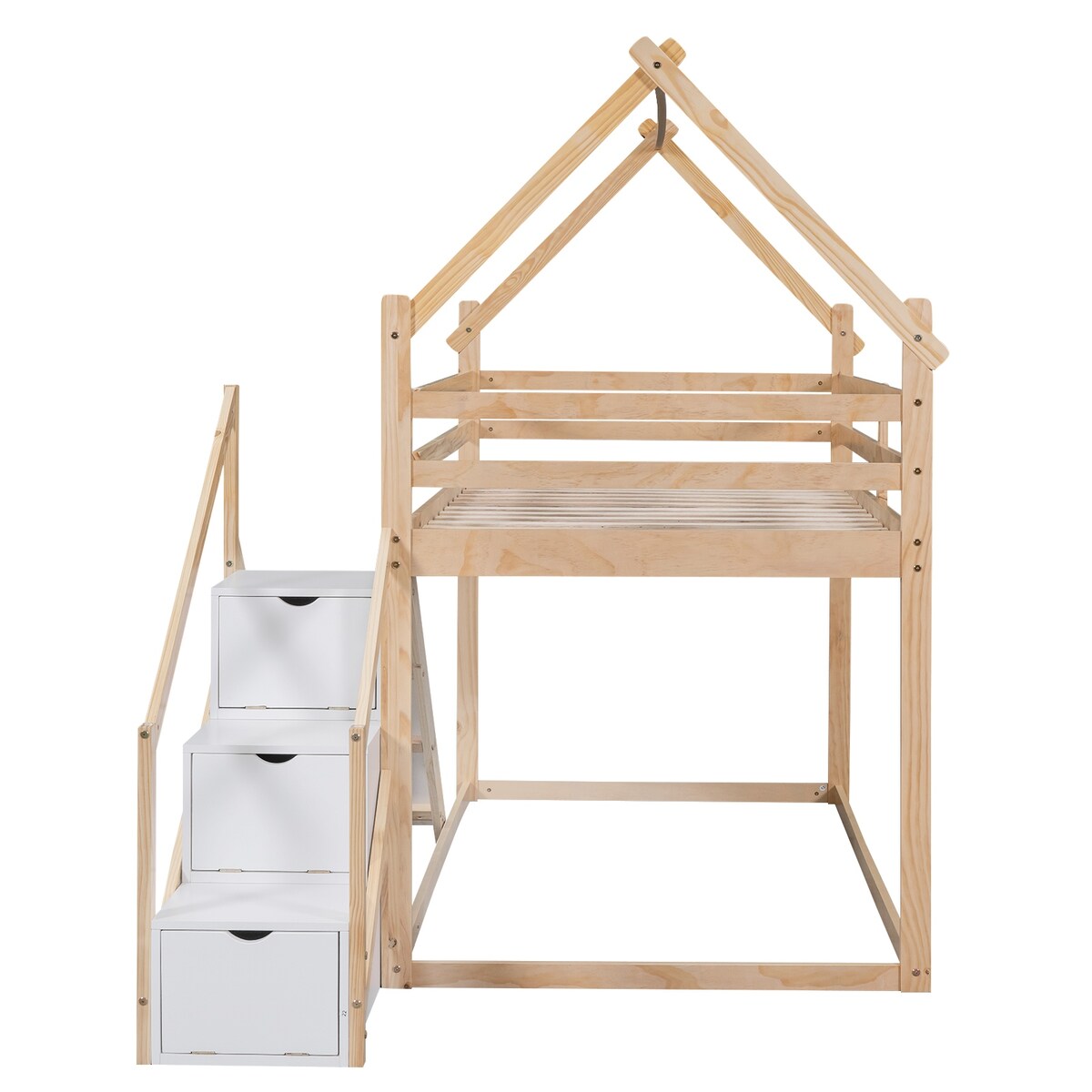 House-shaped Twin over Twin Loft or Bunk Bed with Slide, Storage Staircase