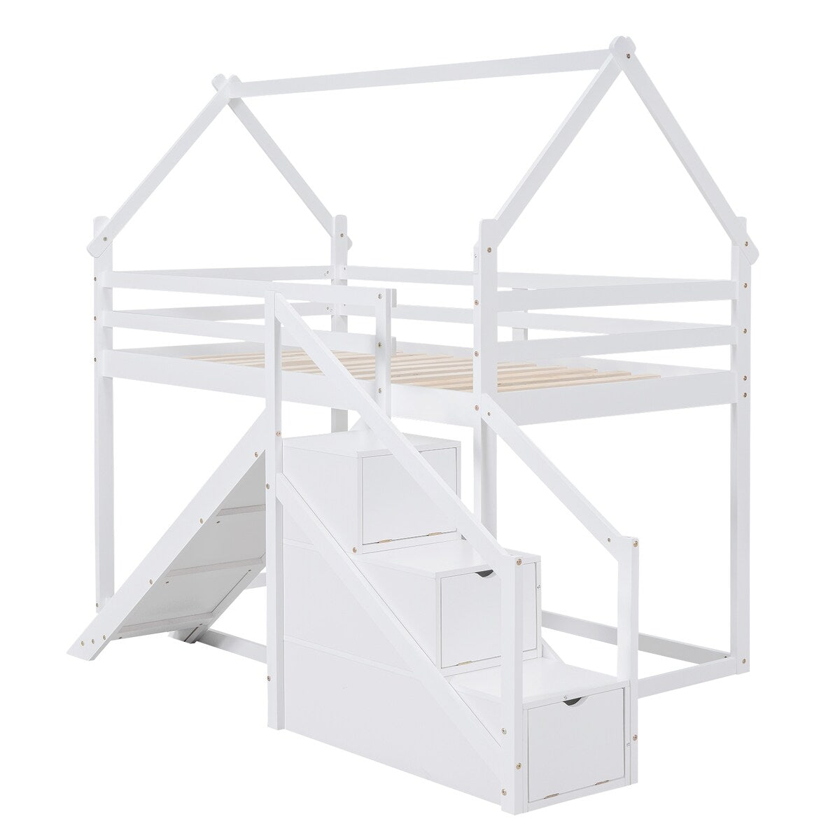 House-shaped Twin over Twin Loft or Bunk Bed with Slide, Storage Staircase