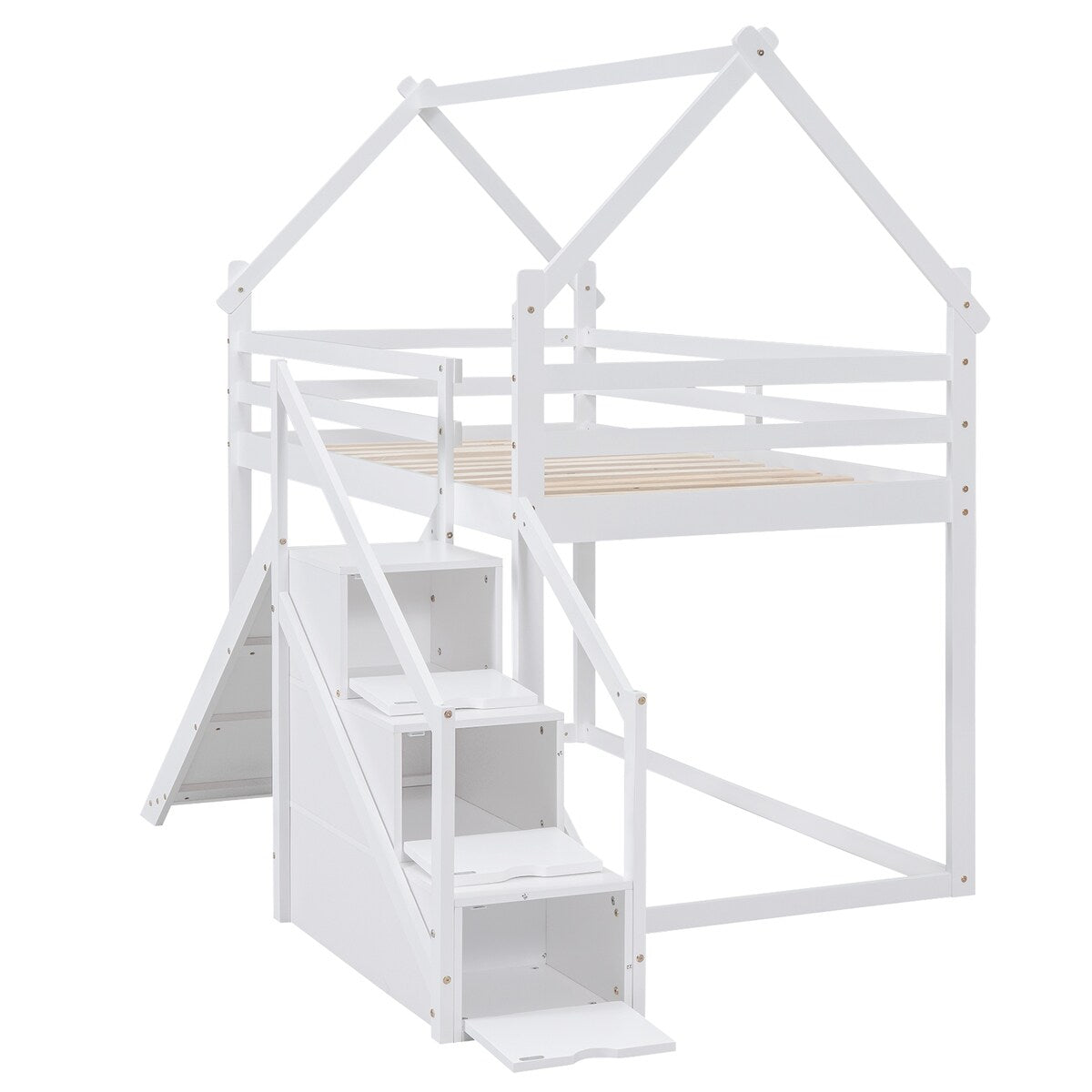 House-shaped Twin over Twin Loft or Bunk Bed with Slide, Storage Staircase