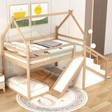 House-shaped Twin over Twin Loft or Bunk Bed with Slide, Storage Staircase