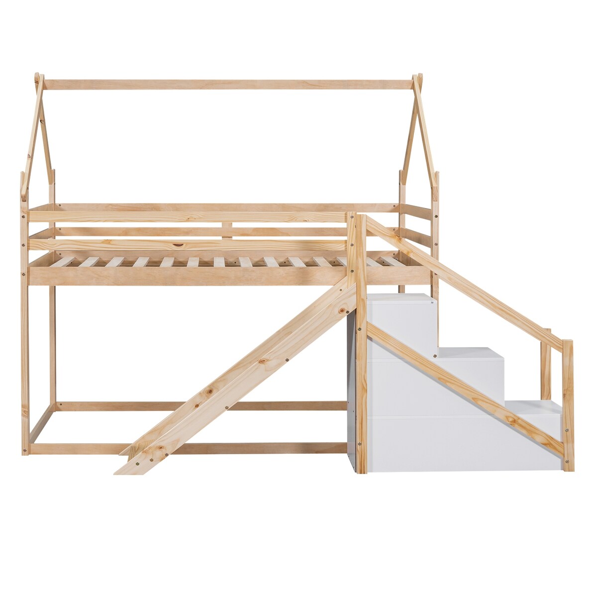 House-shaped Twin over Twin Loft or Bunk Bed with Slide, Storage Staircase