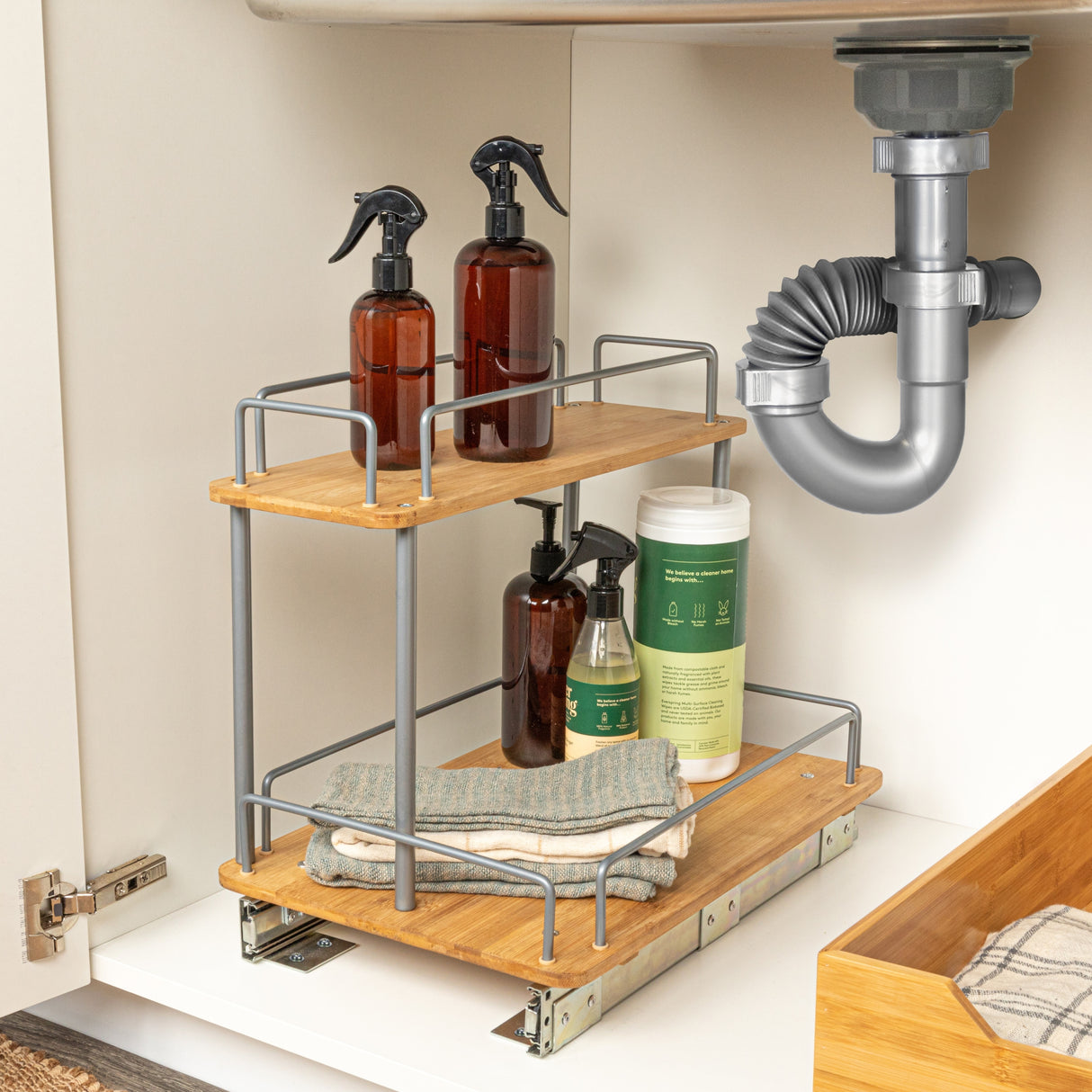 Household Essentials 2-Tier Sliding Cabinet Organizer, Natural Bamboo - 11.5in wide