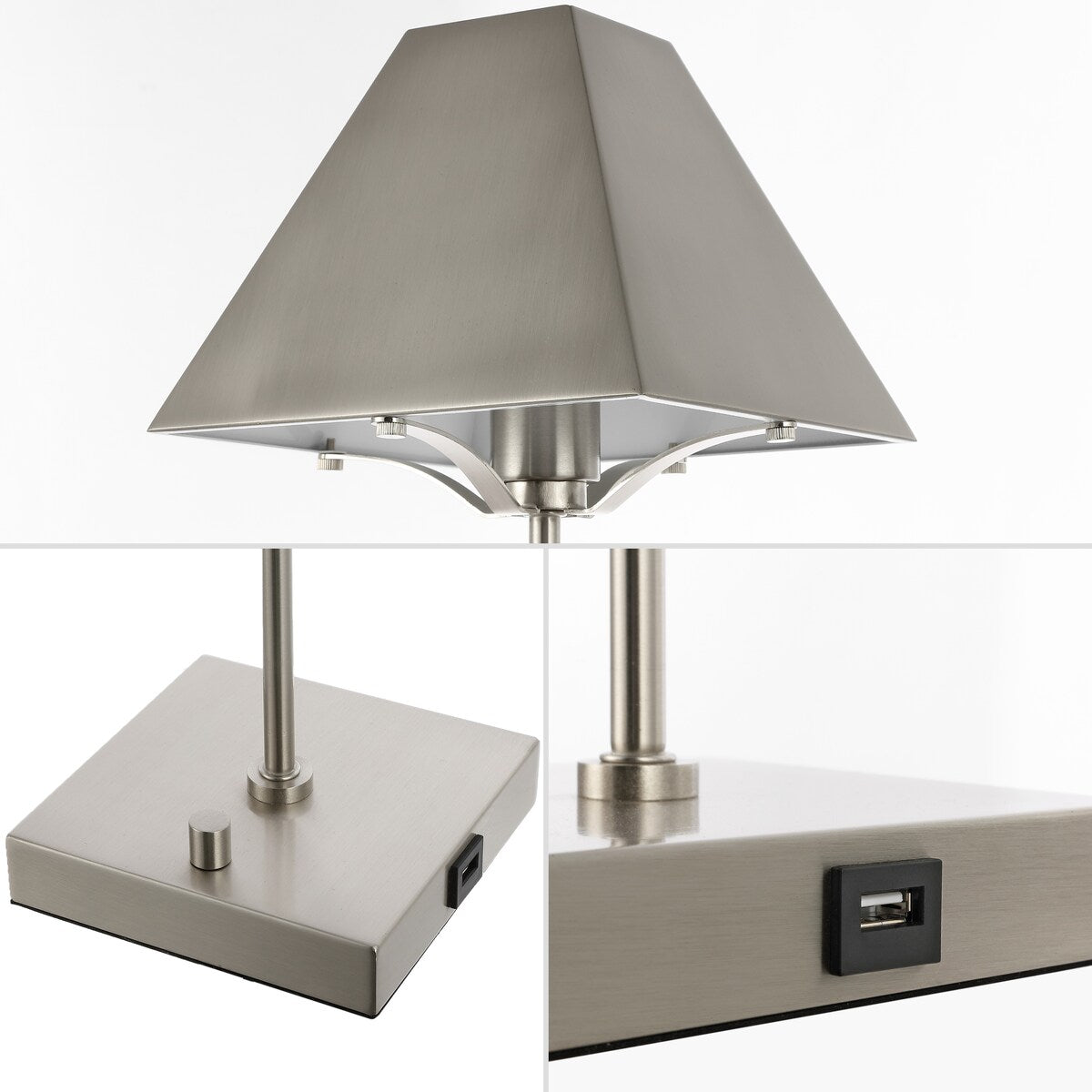 Houston 25" Industrial Style Iron Pyramid Bedside LED Table Lamp with USB Charging Port, Nickel by JONATHAN Y