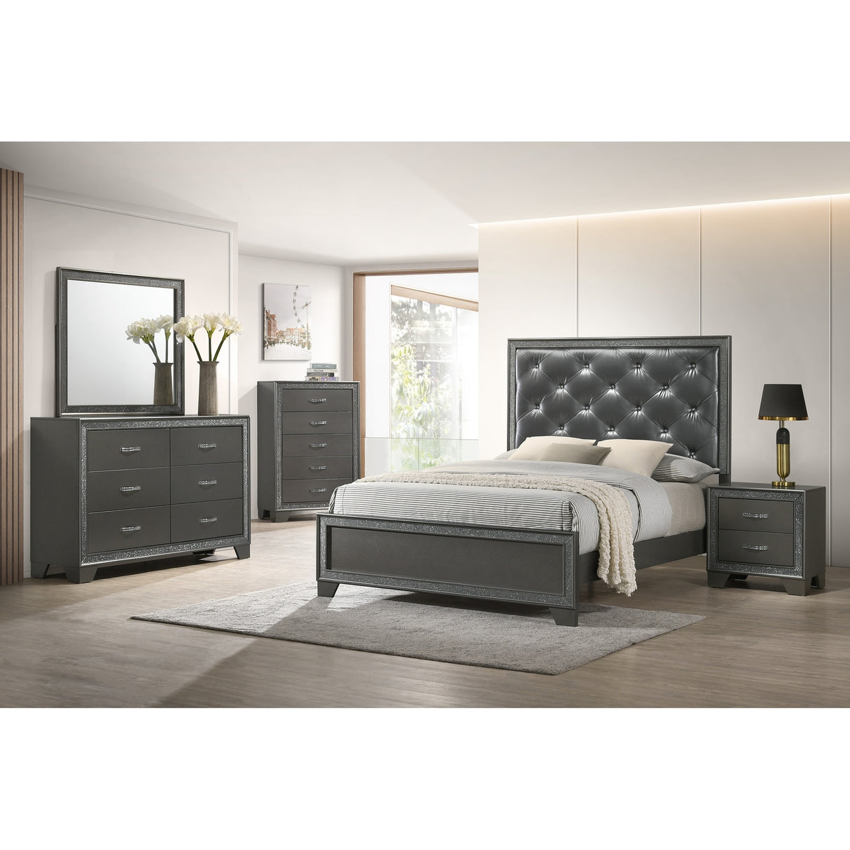 Hoyt 5 Piece Dark Gray Faux Leather Upholstered Tufted Panel Bedroom Set