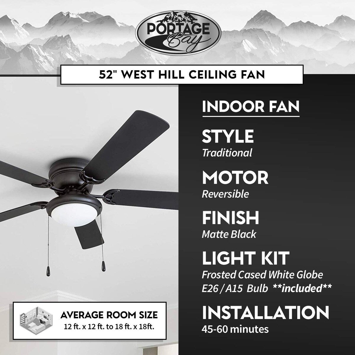 Hugger 52" Matte Black West Hill Ceiling Fan with Bowl Light Kit
