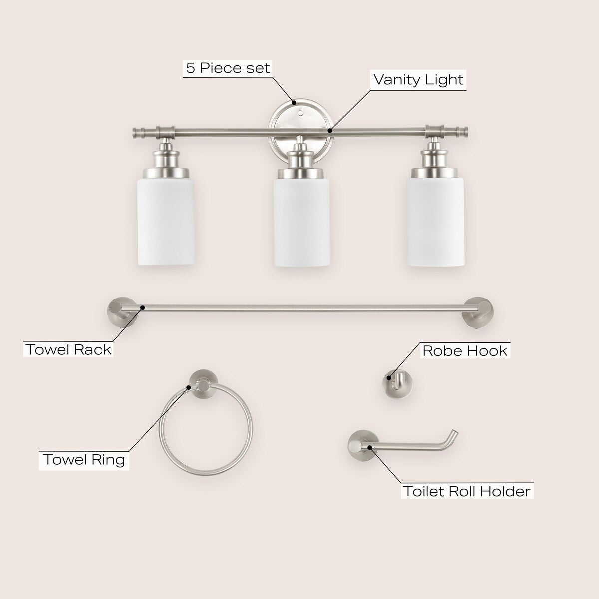 Hugo 23.25" 3-Light Classic Vanity Light with Frosted Glass Shades and Bathroom Hardware Accessory Set, (5-Piece) by JONATHAN Y
