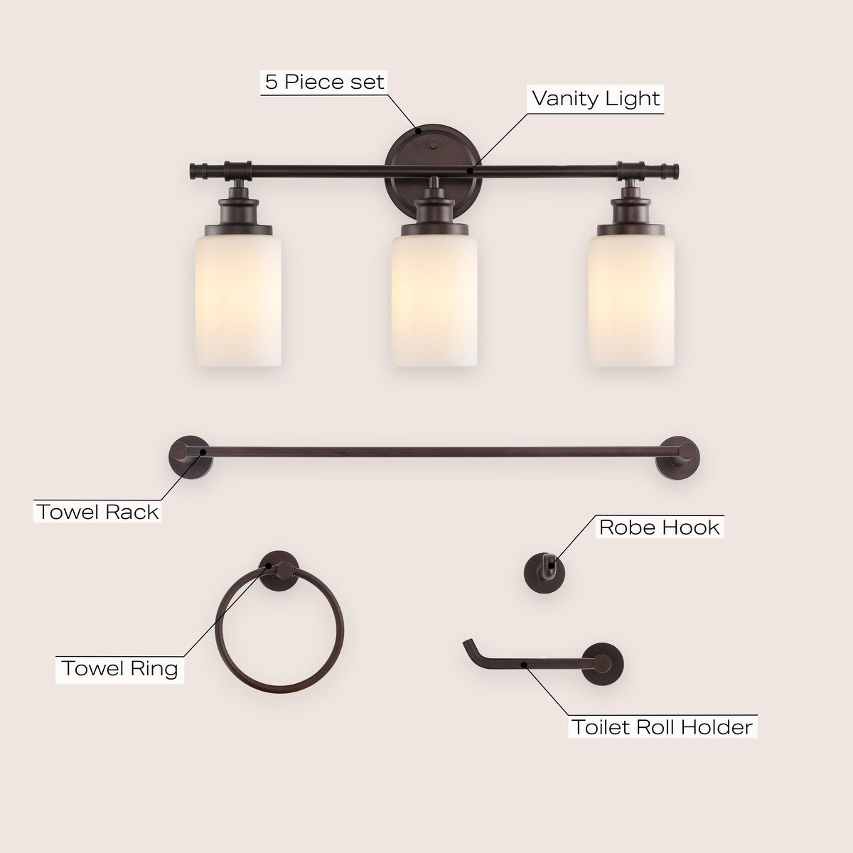 Hugo 23.25" 3-Light Classic Vanity Light with Frosted Glass Shades and Bathroom Hardware Accessory Set, (5-Piece) by JONATHAN Y
