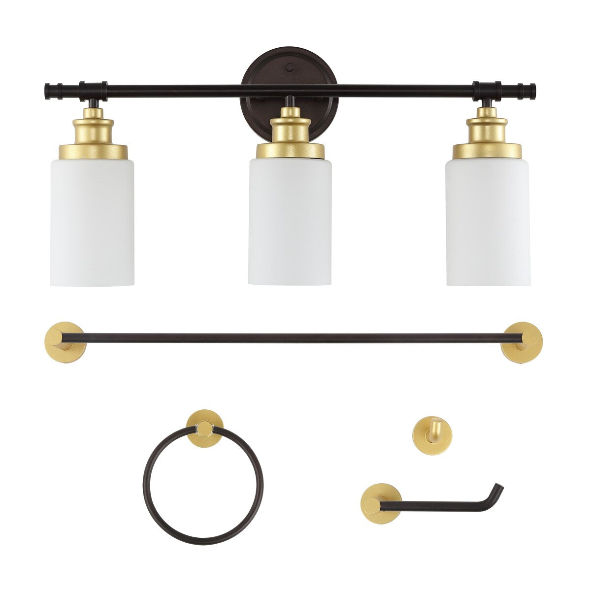 Hugo 23.25" 3-Light Classic Vanity Light with Frosted Glass Shades and Bathroom Hardware Accessory Set, (5-Piece) by JONATHAN Y