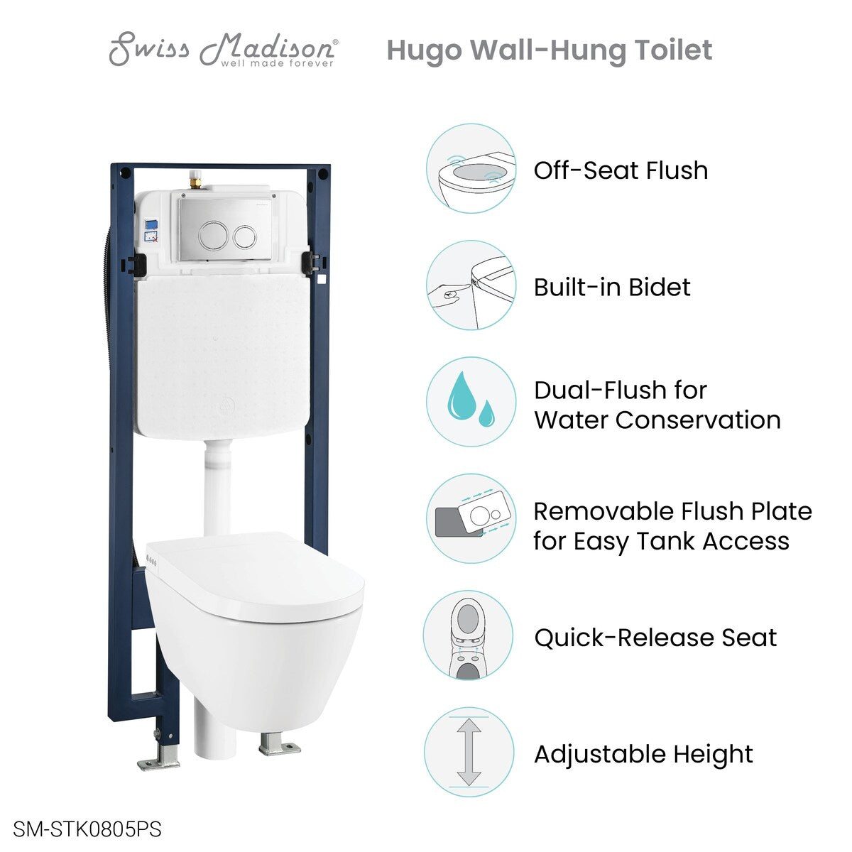 Hugo Smart Wall-Hung Toilet With Bidet Bundle (Sm-St080, Sm-Wcb02) - 23.86" x 15.67" x 17.13"