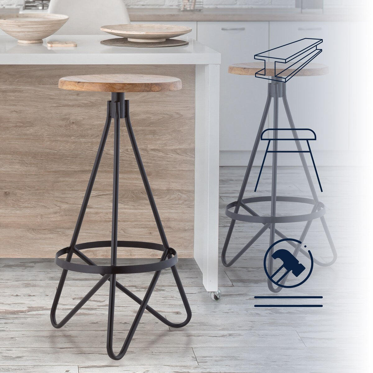 Hula 30" Modern Industrial Metal Backless Circular Bar Stool, by JONATHAN Y
