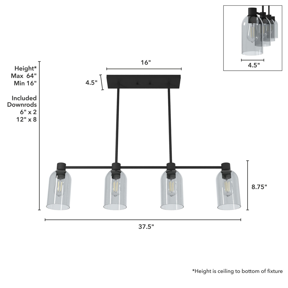 Hunter Lochemeade 4-Light Linear Chandelier - Dining Room, Kitchen Island - Modern Farmhouse, Transitional, Industrial