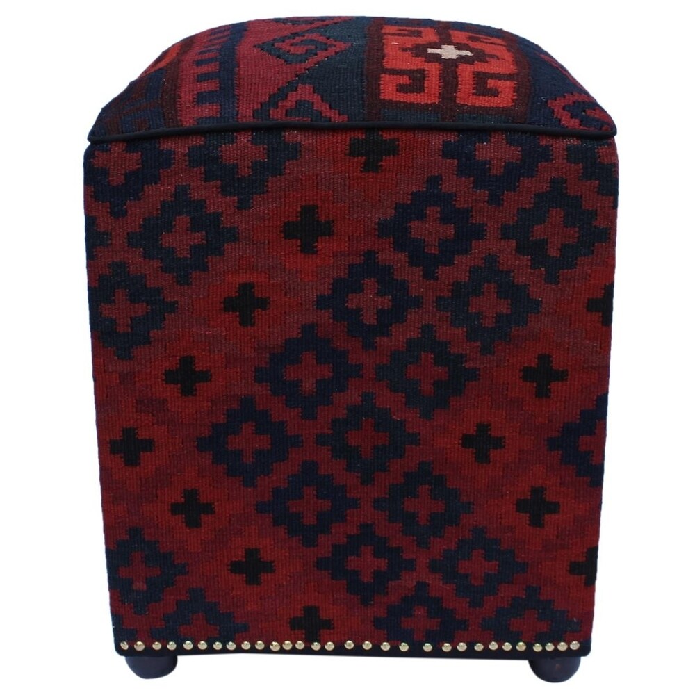 Hurtado Drk. Red/Blue Handmade Kilim Upholstered Ottoman 15"x15"x20"