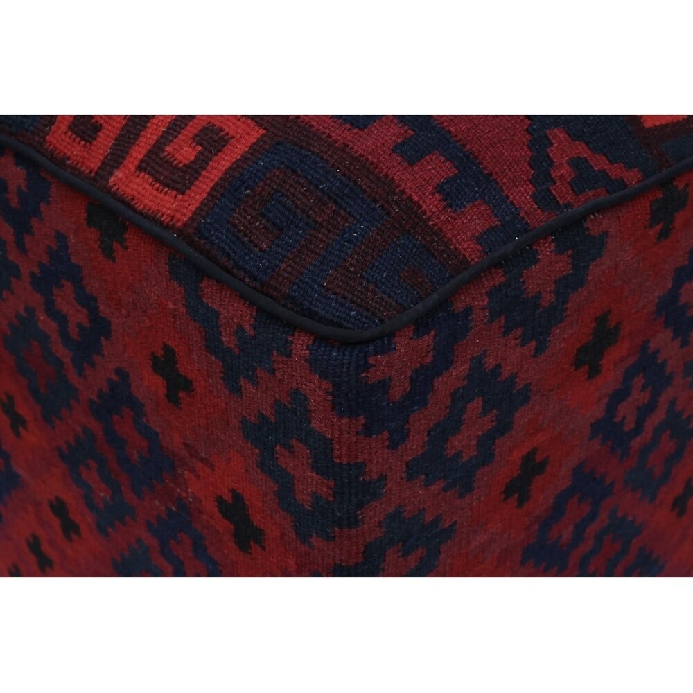 Hurtado Drk. Red/Blue Handmade Kilim Upholstered Ottoman 15"x15"x20"