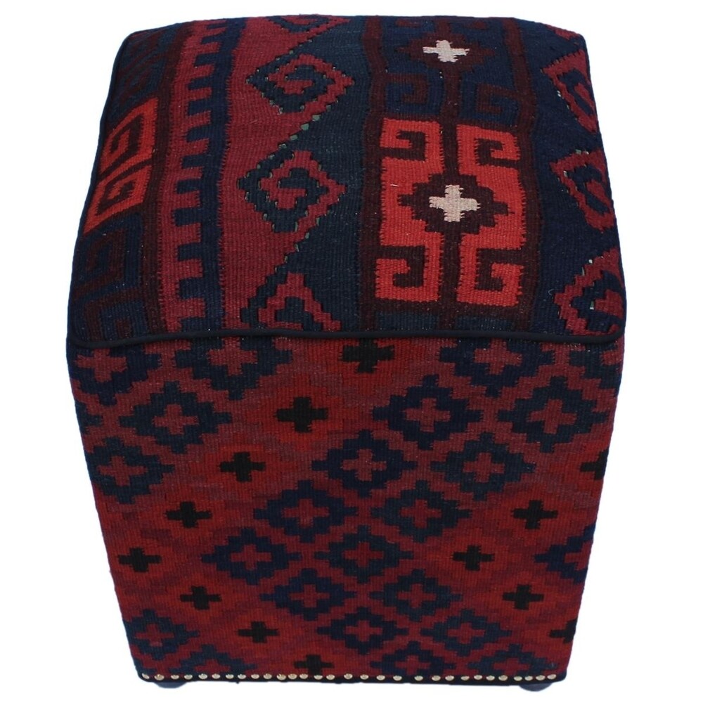 Hurtado Drk. Red/Blue Handmade Kilim Upholstered Ottoman 15"x15"x20"