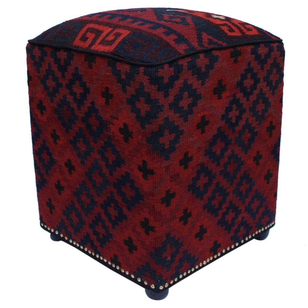 Hurtado Drk. Red/Blue Handmade Kilim Upholstered Ottoman 15"x15"x20"