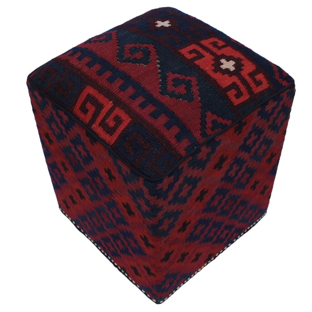 Hurtado Drk. Red/Blue Handmade Kilim Upholstered Ottoman 15"x15"x20"