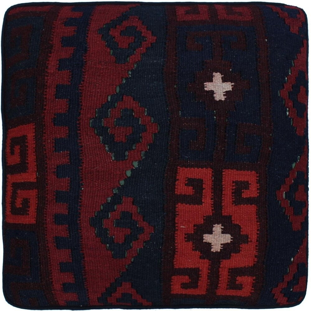 Hurtado Drk. Red/Blue Handmade Kilim Upholstered Ottoman 15"x15"x20"