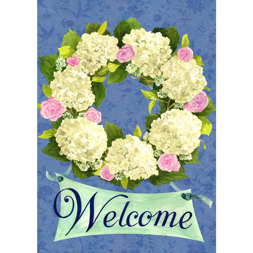 Hydrangea Wreath Multicolored Synthetic Fiber 'Welcome' Flag