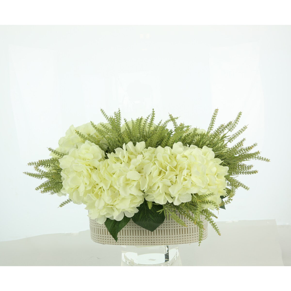 Hydrangea and Astilbe Arrangement in an Oval Ceramic Vase - Cream, Green