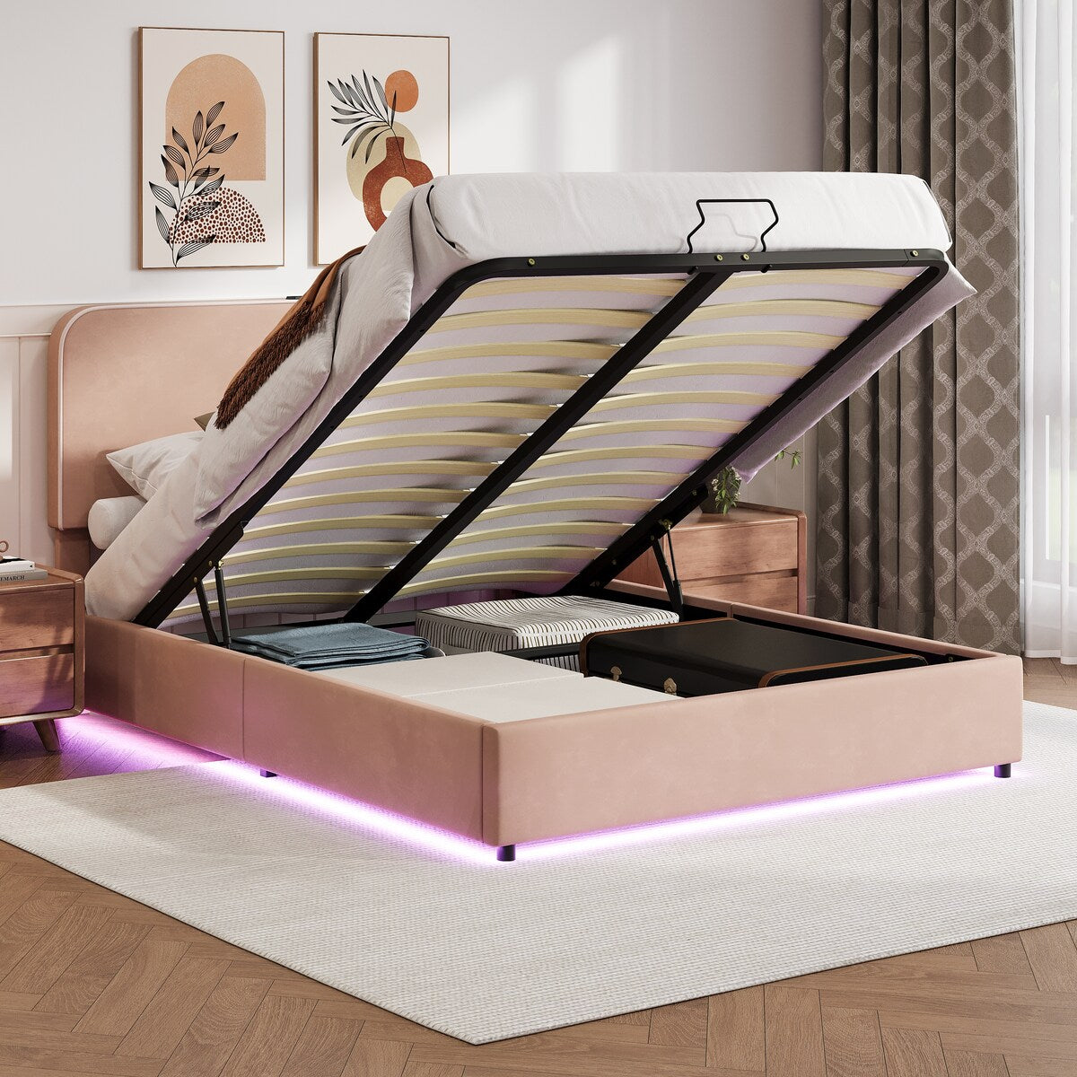 Hydraulic Storage Bed with RGB LED Lights & Bluetooth Speaker - Lychee Velvet, No Box Spring Needed