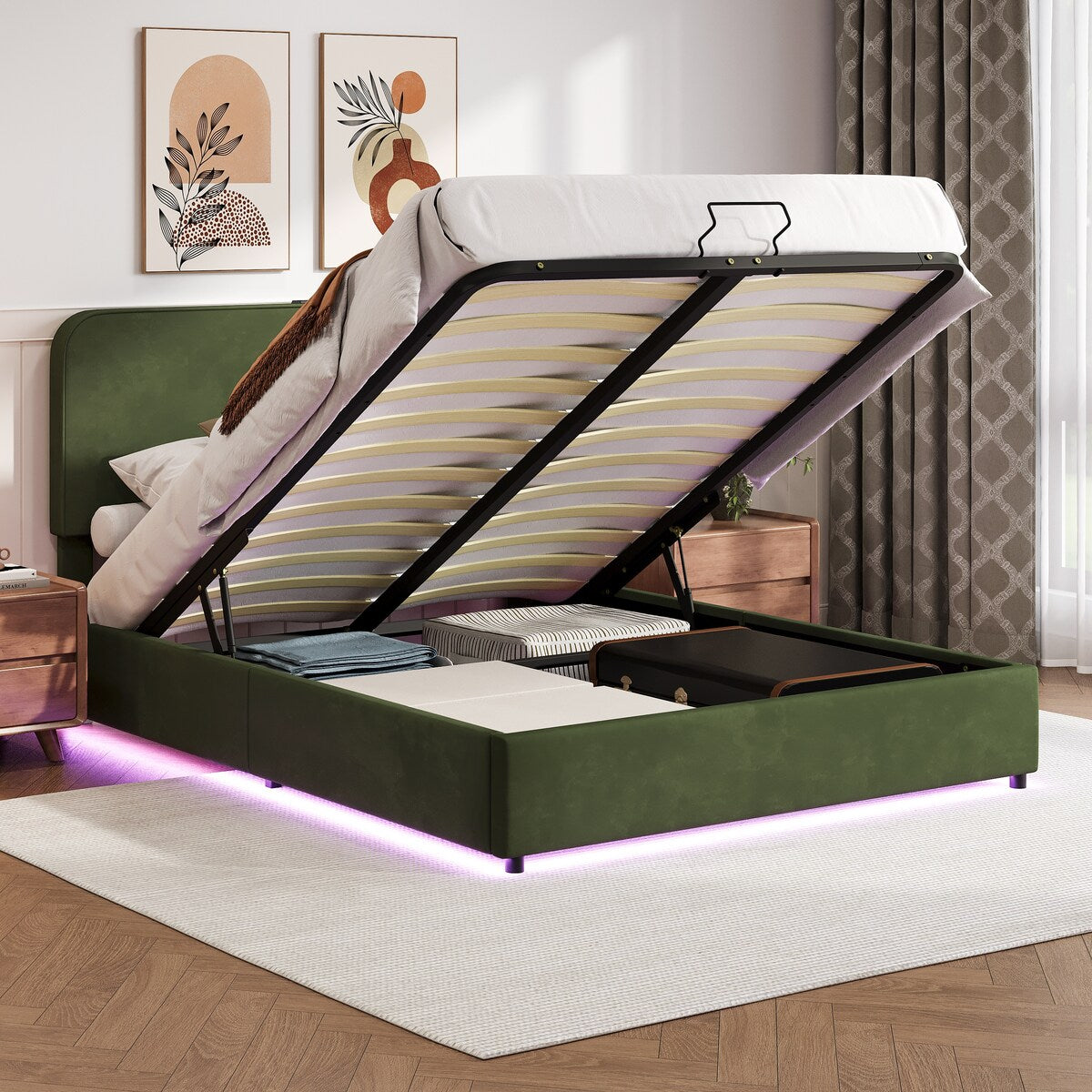 Hydraulic Storage Bed with RGB LED Lights & Bluetooth Speaker - Lychee Velvet, No Box Spring Needed