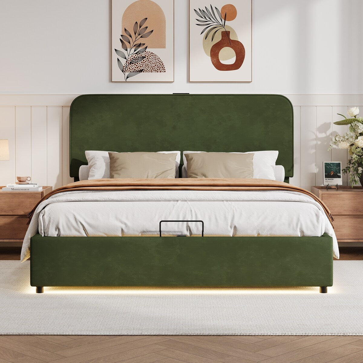 Hydraulic Storage Bed with RGB LED Lights & Bluetooth Speaker - Lychee Velvet, No Box Spring Needed