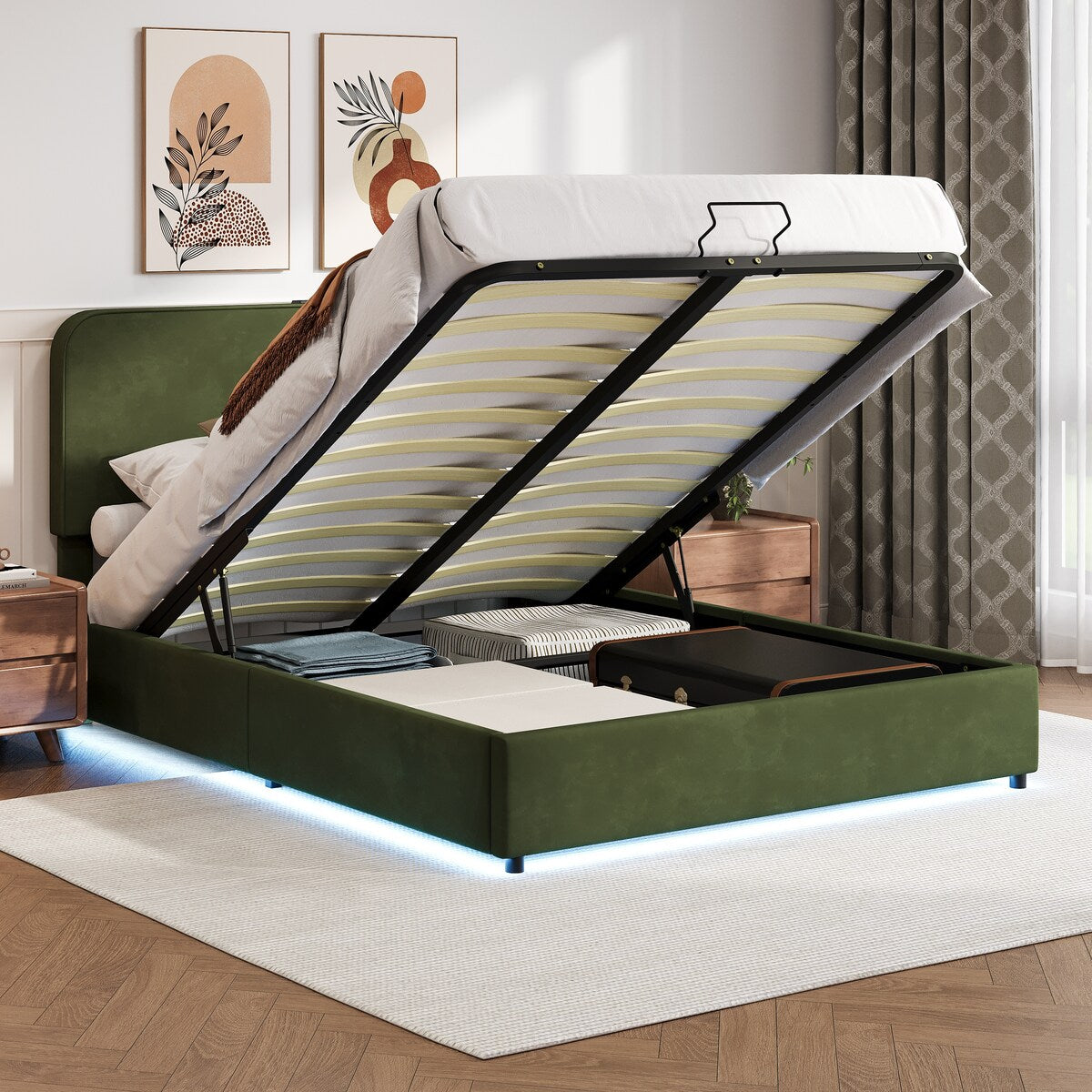 Hydraulic Storage Bed with RGB LED Lights & Bluetooth Speaker - Lychee Velvet, No Box Spring Needed