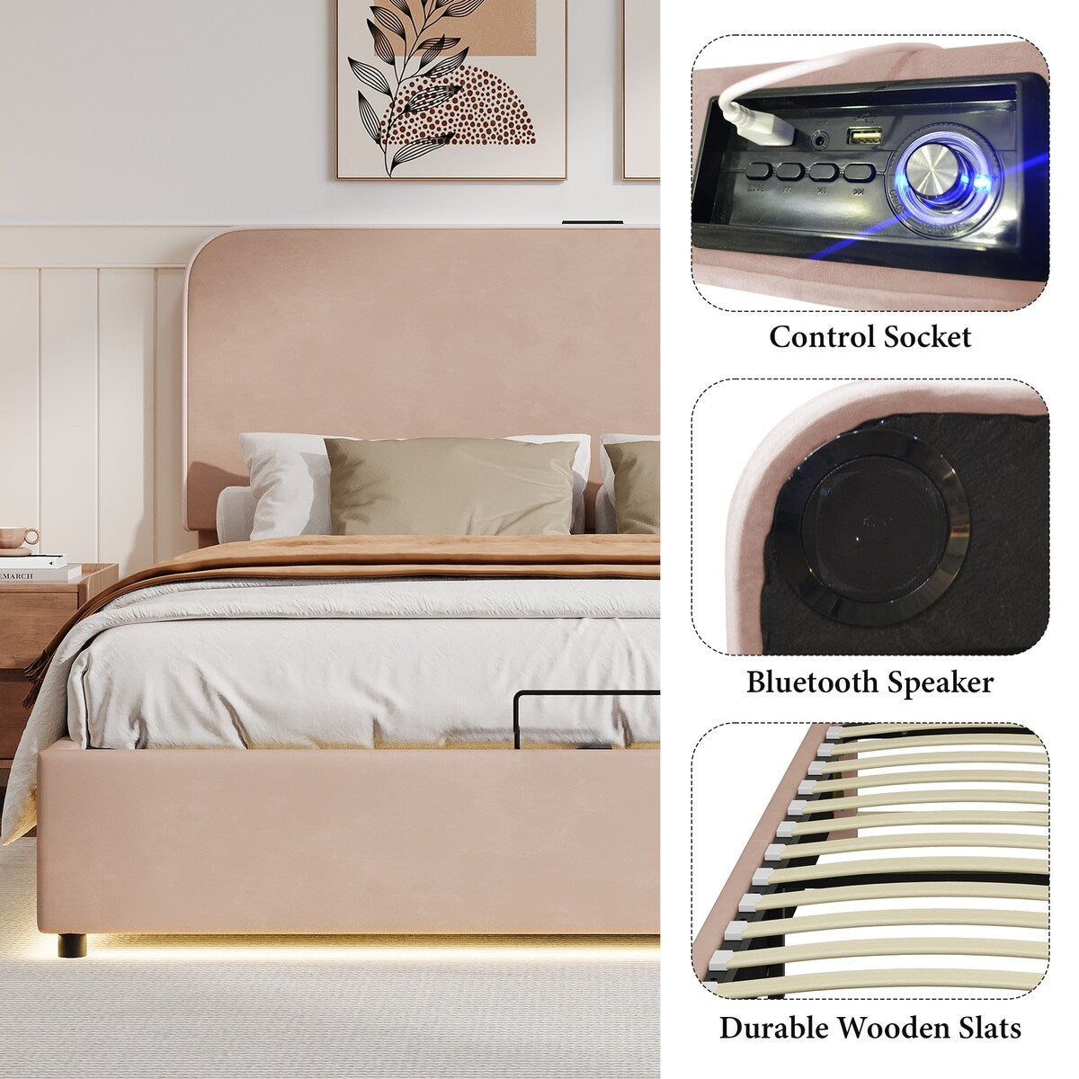Hydraulic Storage Bed with RGB LED Lights & Bluetooth Speaker - Lychee Velvet, No Box Spring Needed