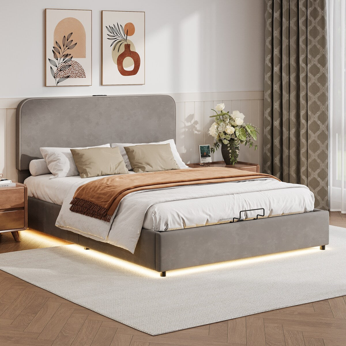 Hydraulic Storage Bed with RGB LED Lights & Bluetooth Speaker - Lychee Velvet, No Box Spring Needed