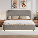 Hydraulic Storage Bed with RGB LED Lights & Bluetooth Speaker - Lychee Velvet, No Box Spring Needed