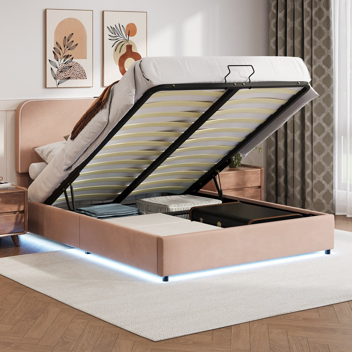 Hydraulic Storage Bed with RGB LED Lights & Bluetooth Speaker - Lychee Velvet, No Box Spring Needed
