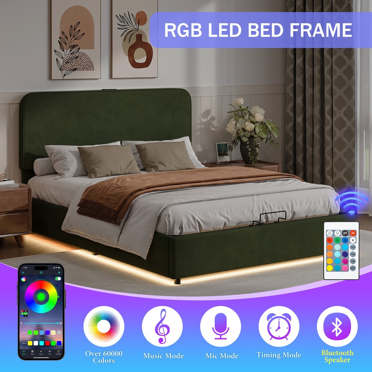Hydraulic Storage Bed with RGB LED Lights & Bluetooth Speaker - Lychee Velvet, No Box Spring Needed