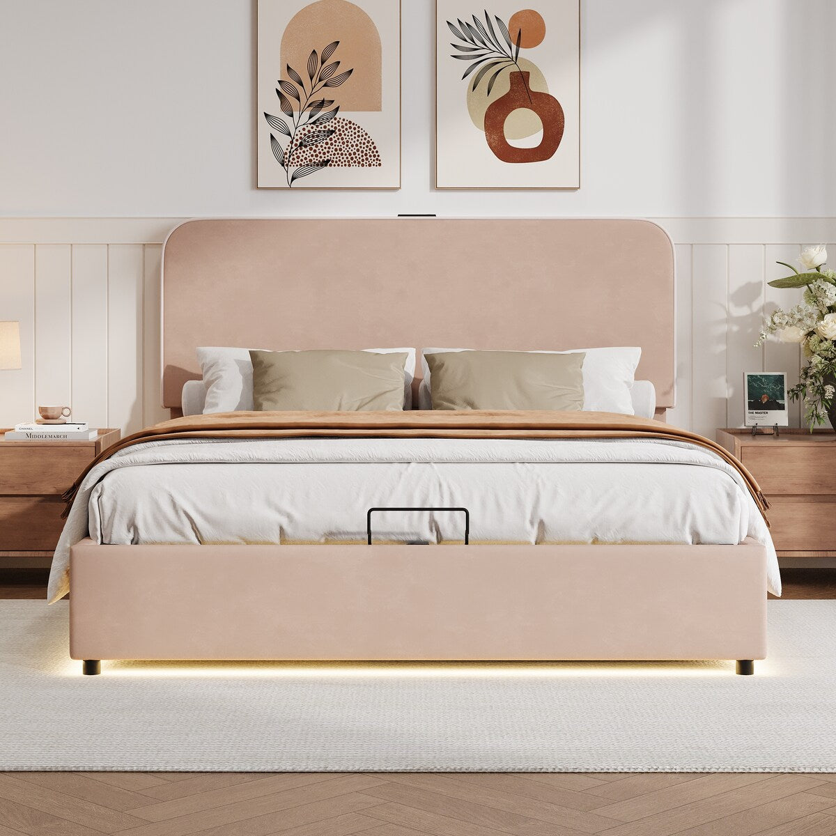 Hydraulic Storage Bed with RGB LED Lights & Bluetooth Speaker - Lychee Velvet, No Box Spring Needed