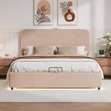 Hydraulic Storage Bed with RGB LED Lights & Bluetooth Speaker - Lychee Velvet, No Box Spring Needed
