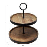 IH Casa Decor Gray Acacia Wood With Riveted Gunmetal 2 Tier Cake Stand
