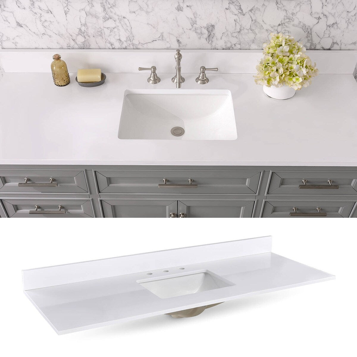 Icelume White 60 inch Cultured Marble Bathroom Vanity Top