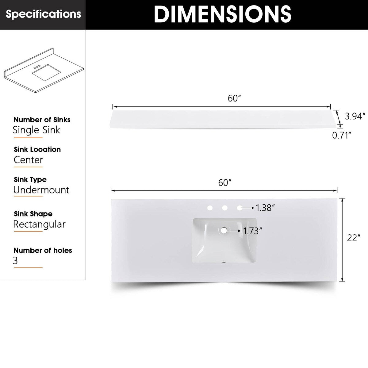 Icelume White 60 inch Cultured Marble Bathroom Vanity Top