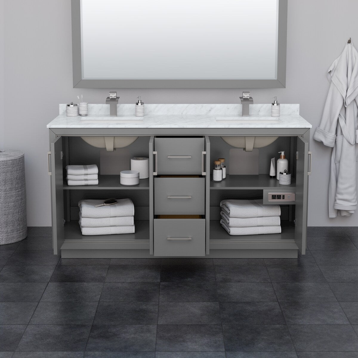 Icon 66-inch Double Vanity, Quartz Top, 58-inch Mirror