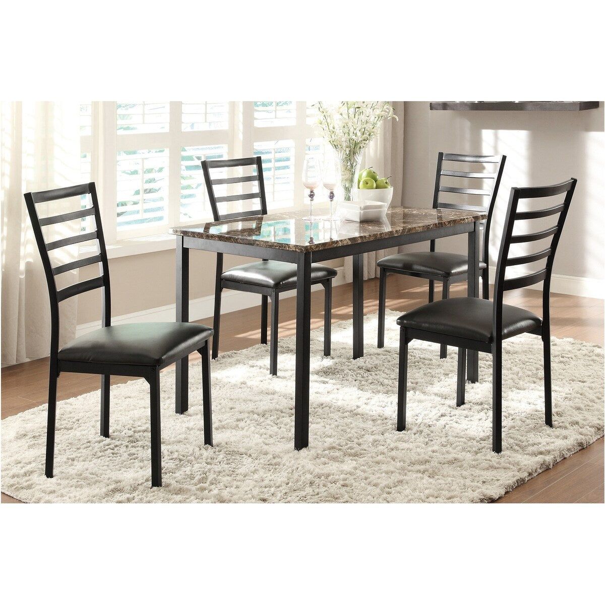 Ilka Black Faux Leather Faux Marble Dining Room Set