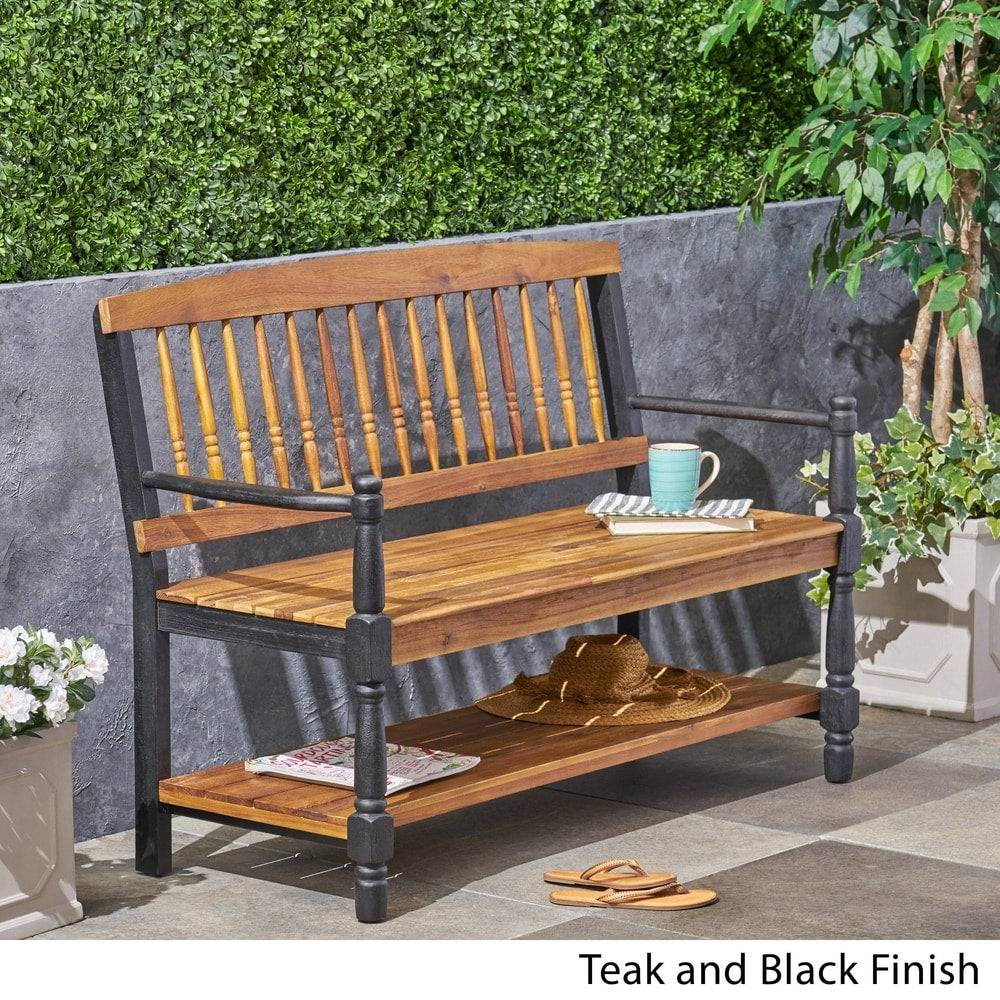 Imperial Outdoor Rustic Acacia Wood Bench with Shelf by Christopher Knight Home