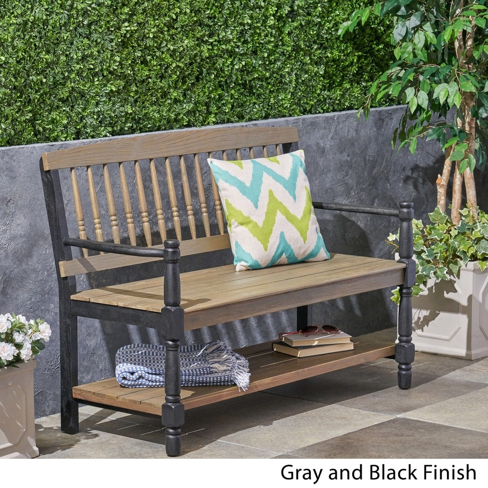 Imperial Outdoor Rustic Acacia Wood Bench with Shelf by Christopher Knight Home