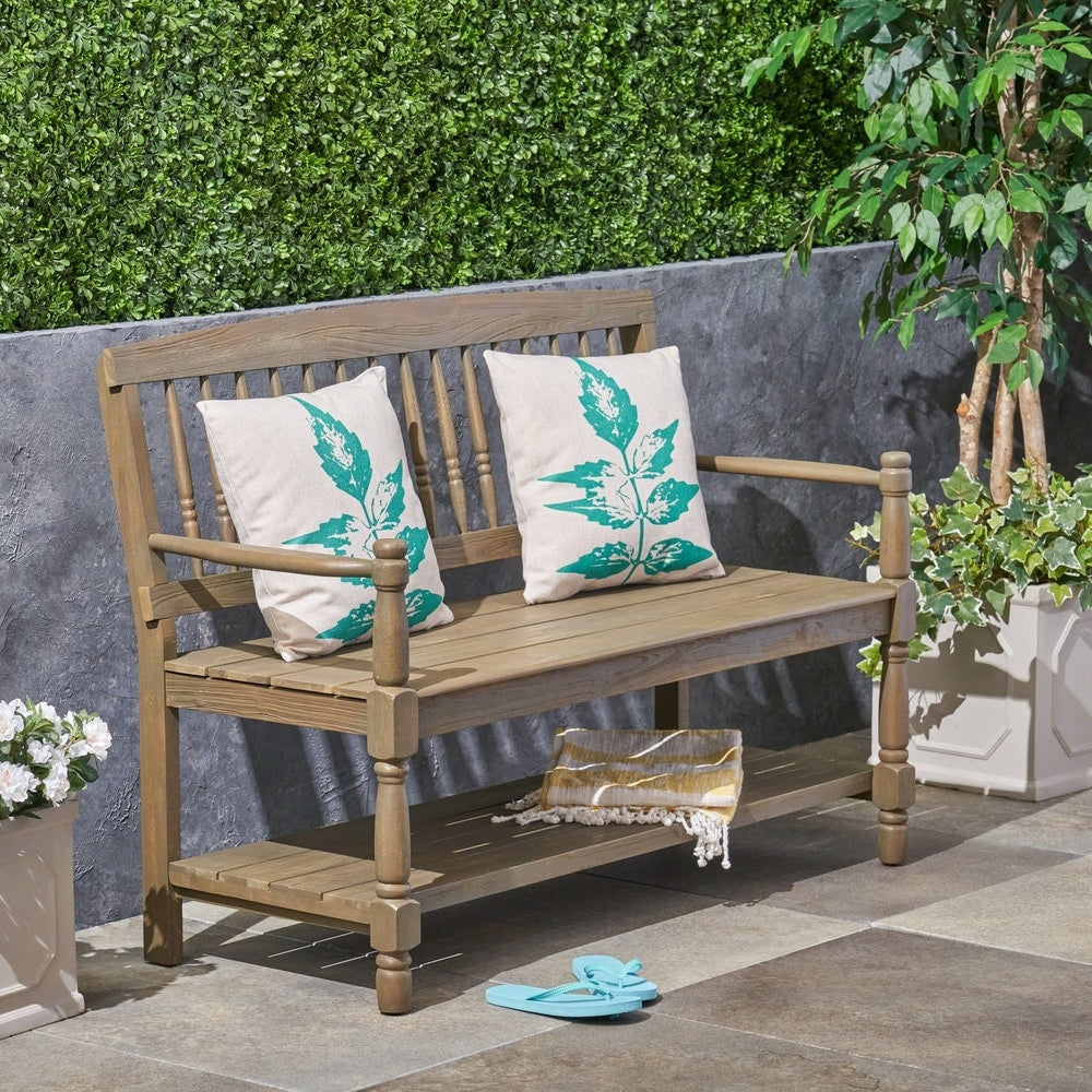 Imperial Outdoor Rustic Acacia Wood Bench with Shelf by Christopher Knight Home