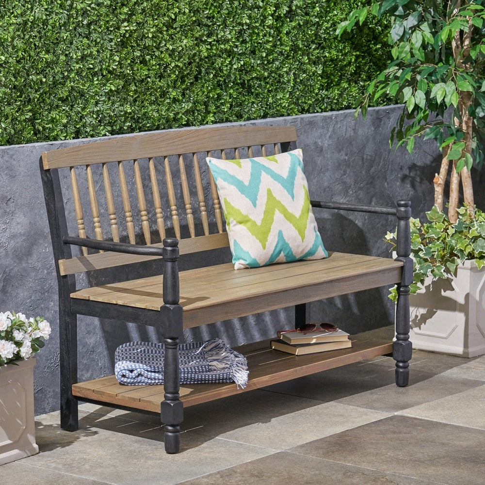 Imperial Outdoor Rustic Acacia Wood Bench with Shelf by Christopher Knight Home
