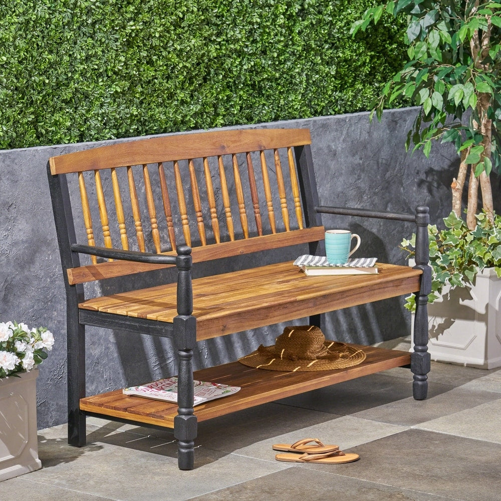 Imperial Outdoor Rustic Acacia Wood Bench with Shelf by Christopher Knight Home
