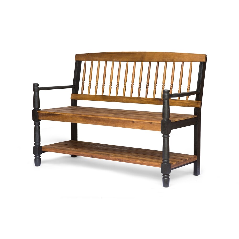 Imperial Outdoor Rustic Acacia Wood Bench with Shelf by Christopher Knight Home