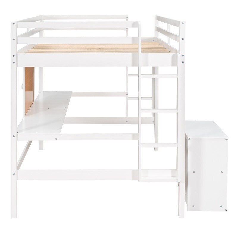 Impression Full size Loft Bed with Desk, Writing Board and 2 Drawers Cabinet, Sturdy construction & Unique design, White