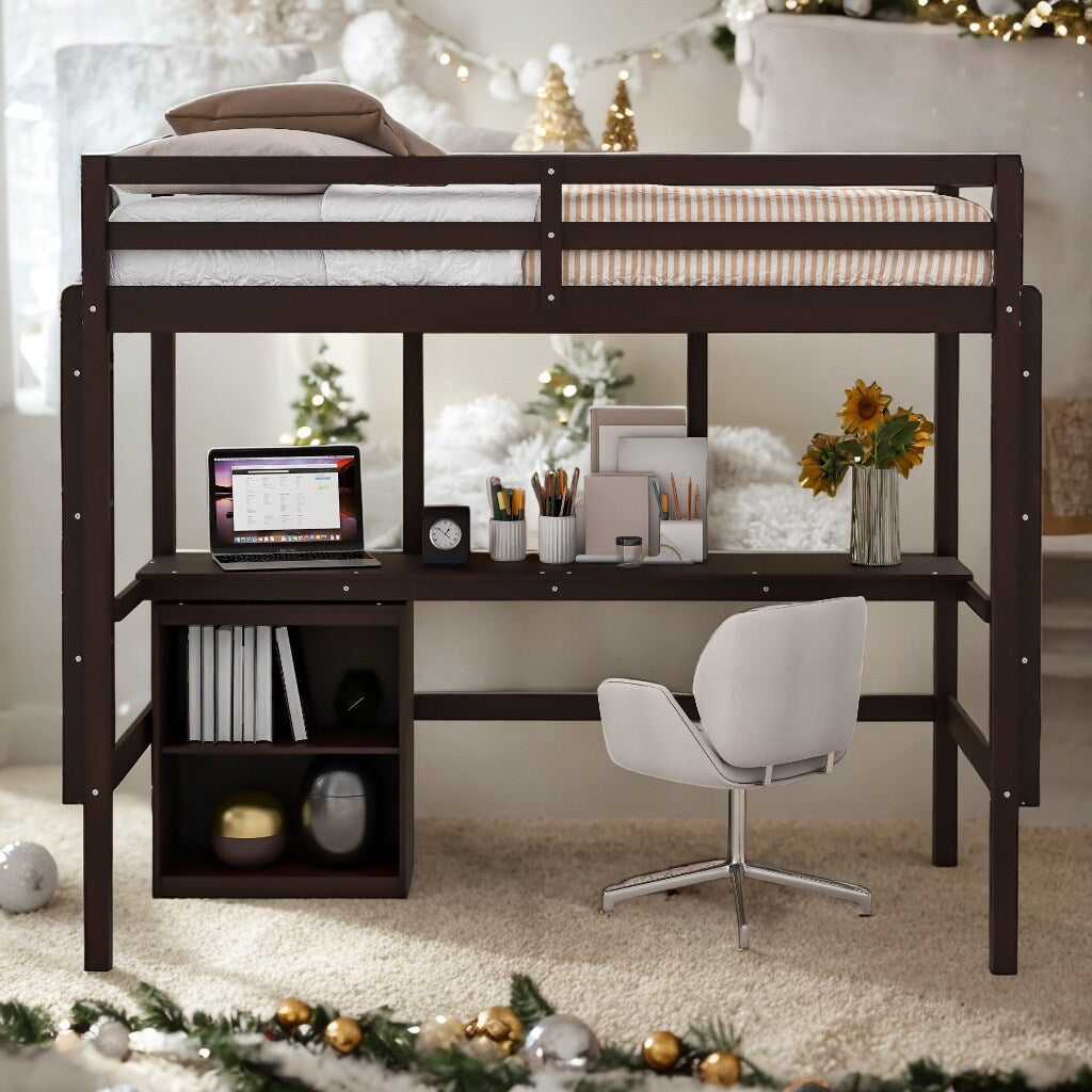 Impression Full size Loft Bed with Desk, Writing Board and 2 Drawers Cabinet, Sturdy construction & Unique design, White