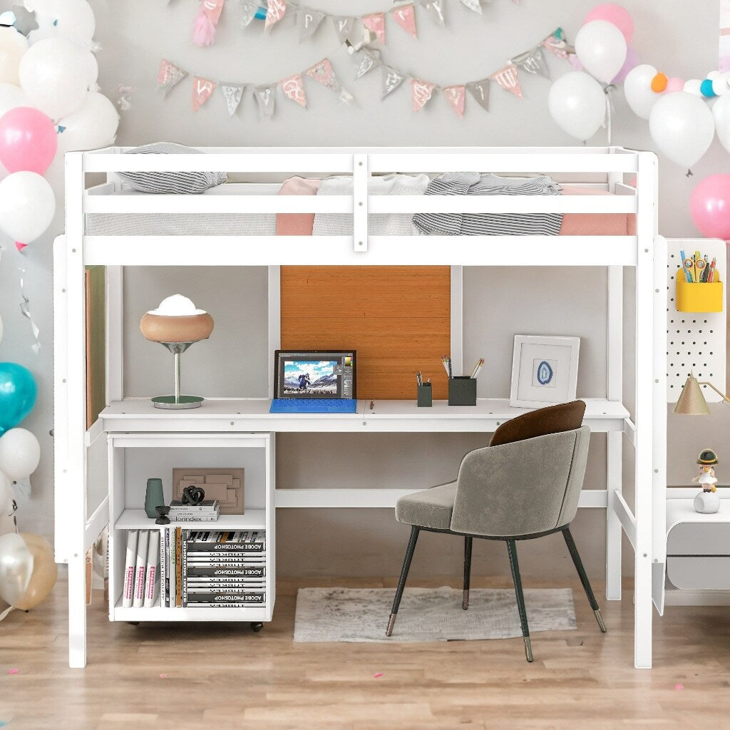 Impression Full size Loft Bed with Desk, Writing Board and 2 Drawers Cabinet, Sturdy construction & Unique design, White