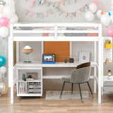 Impression Full size Loft Bed with Desk, Writing Board and 2 Drawers Cabinet, Sturdy construction & Unique design, White
